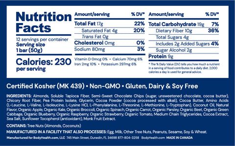 BodyHealth Bar Brownie Supplement Facts Label.