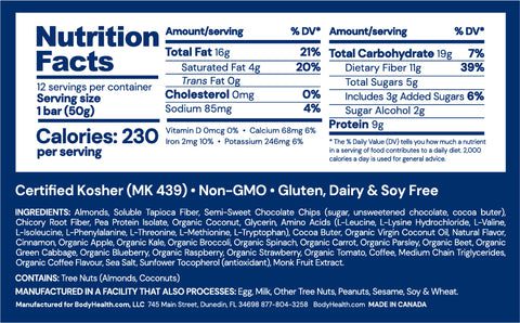 BodyHealth Bar Mocha Chip Supplement Facts Label.